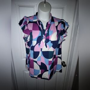🆕EMERY ROSE Plus Geo Print V Neck w Tie Neckline Top Sz 2XL